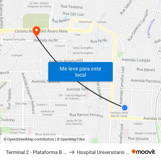Terminal 2 - Plataforma B - ➒ Sentido Bairro to Hospital Universitario Getulio Vargas map