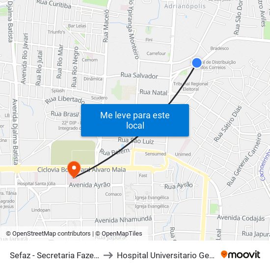 Sefaz - Secretaria Fazendária B/C to Hospital Universitario Getulio Vargas map