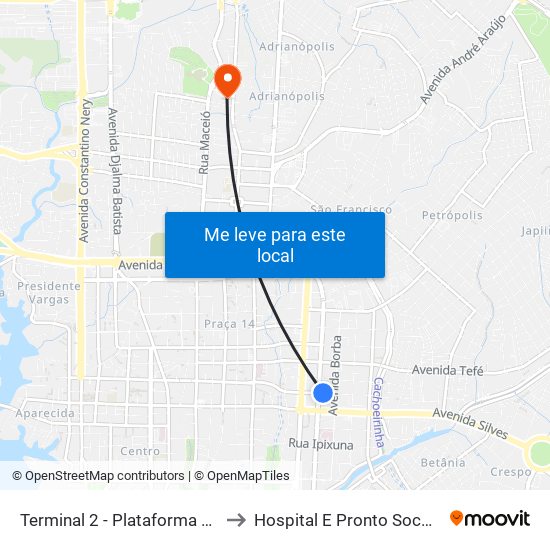 Terminal 2 - Plataforma A - ➋ Sentido Bairro to Hospital E Pronto Socorro 28 De Agosto map