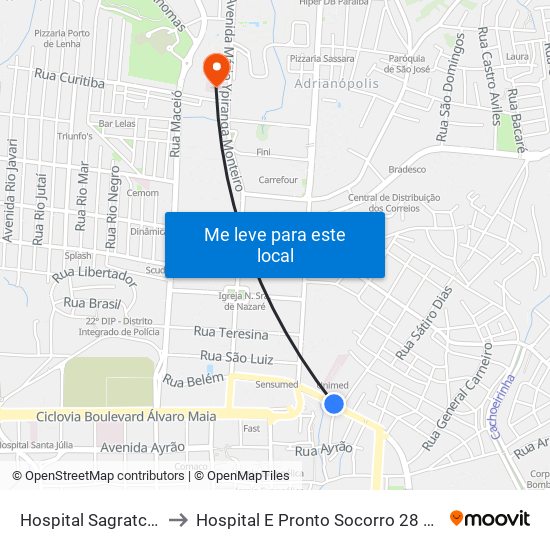 Hospital Sagratcor C/B to Hospital E Pronto Socorro 28 De Agosto map