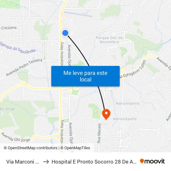 Via Marconi B/C to Hospital E Pronto Socorro 28 De Agosto map