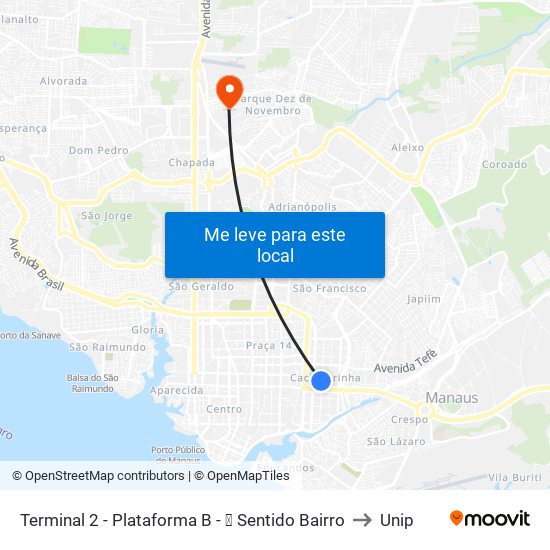 Terminal 2 - Plataforma B - ➏ Sentido Bairro to Unip map