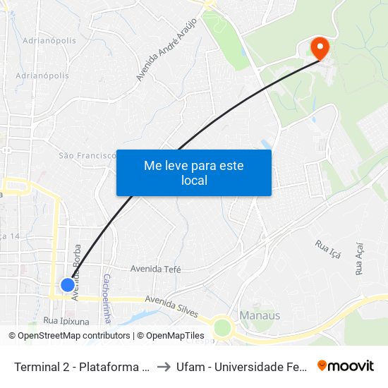 Terminal 2 - Plataforma A - ➋ Sentido Bairro to Ufam - Universidade Federal Do Amazonas map