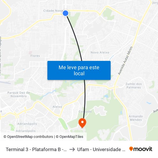 Terminal 3 - Plataforma B - ➓ Embarque Cachoeirinha to Ufam - Universidade Federal Do Amazonas map