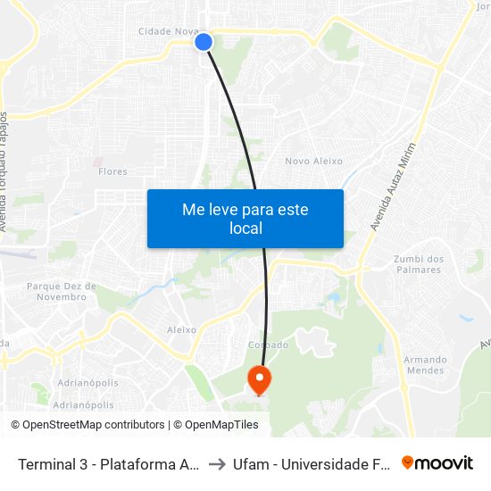 Terminal 3 - Plataforma A - ➍ Sentido Zona Oeste to Ufam - Universidade Federal Do Amazonas map