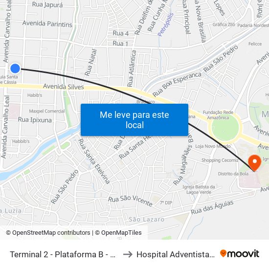 Terminal 2 - Plataforma B - ➑ Sentido Bairro to Hospital Adventista De Manaus map