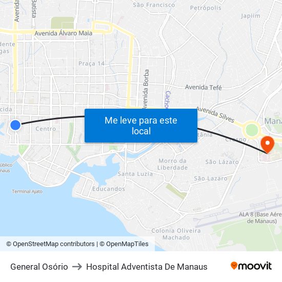 General Osório to Hospital Adventista De Manaus map