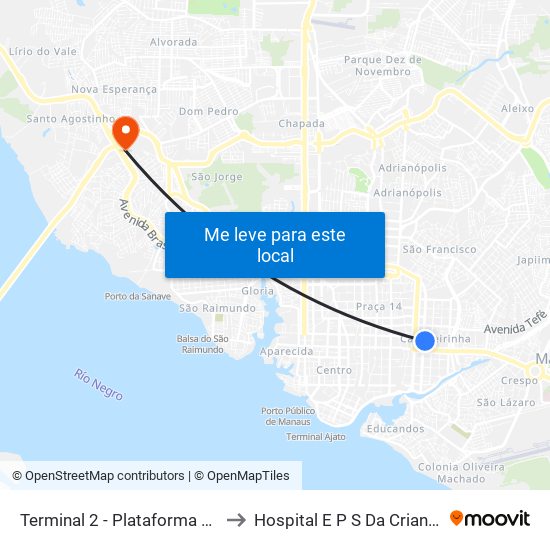 Terminal 2 - Plataforma A - ➋ Sentido Bairro to Hospital E P S Da Crianca Da Zona Oeste map