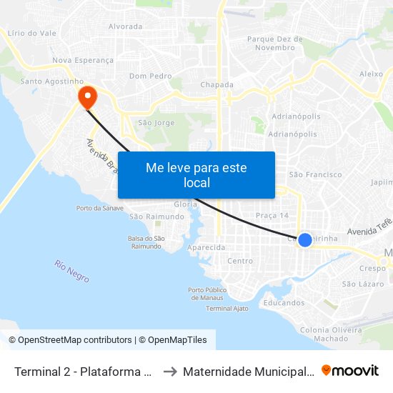Terminal 2 - Plataforma B - ➓ Sentido Distrito to Maternidade Municipal Dr Moura Tapajoz map