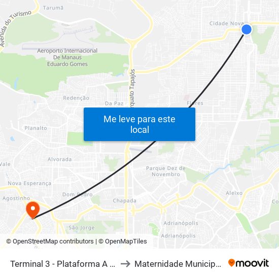 Terminal 3 - Plataforma A - ➍ Sentido Zona Oeste to Maternidade Municipal Dr Moura Tapajoz map