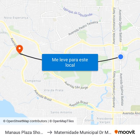 Manaus Plaza Shopping C/B to Maternidade Municipal Dr Moura Tapajoz map