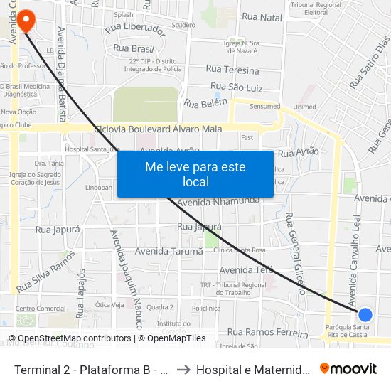 Terminal 2 - Plataforma B - ➑ Sentido Bairro to Hospital e Maternidade UNIMED map
