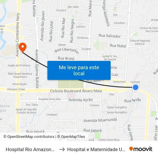 Hospital Rio Amazonas C/B to Hospital e Maternidade UNIMED map