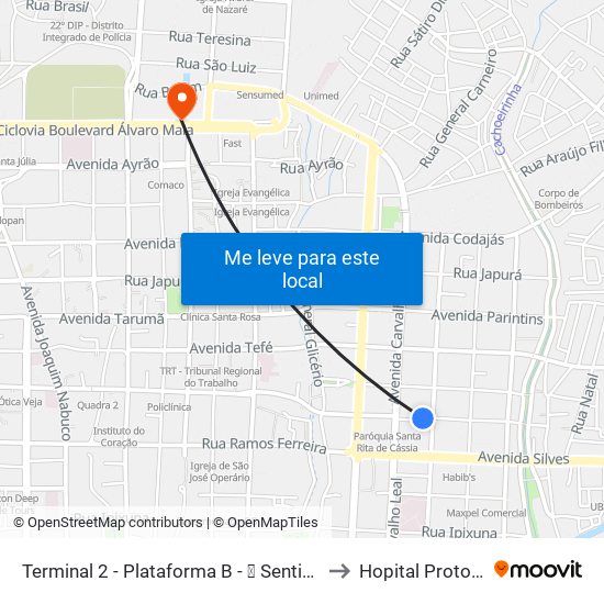 Terminal 2 - Plataforma B - ➐ Sentido Bairro to Hopital Protocord map
