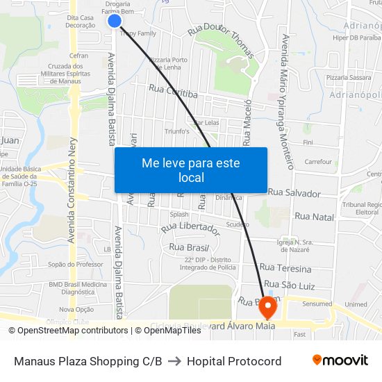 Manaus Plaza Shopping C/B to Hopital Protocord map