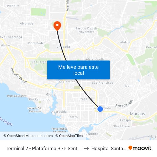 Terminal 2 - Plataforma B - ➏ Sentido Bairro to Hospital Santa Júlia map