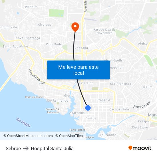 Sebrae to Hospital Santa Júlia map