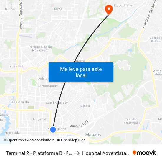 Terminal 2 - Plataforma B - ➒ Sentido Bairro to Hospital Adventista de Manaus map