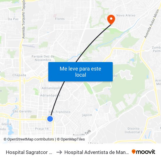 Hospital Sagratcor C/B to Hospital Adventista de Manaus map