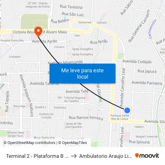 Terminal 2 - Plataforma B - ➑ Sentido Bairro to Ambulatorio Araujo Lima - Boulevard map