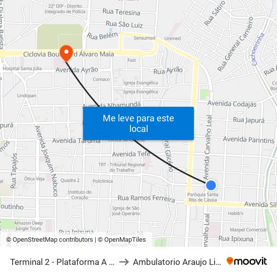 Terminal 2 - Plataforma A - ➋ Sentido Bairro to Ambulatorio Araujo Lima - Boulevard map