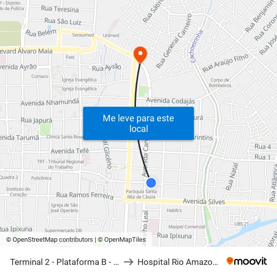 Terminal 2 - Plataforma B - ➒ Sentido Bairro to Hospital Rio Amazonas - Hapvida map