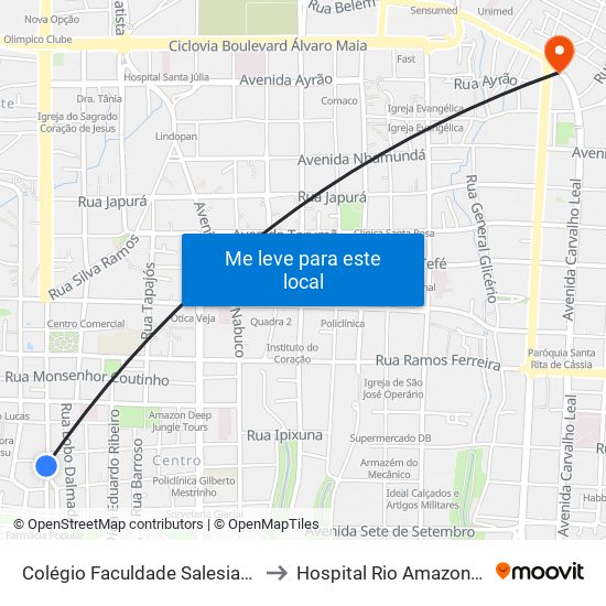 Colégio Faculdade Salesiano Dom Bosco to Hospital Rio Amazonas - Hapvida map