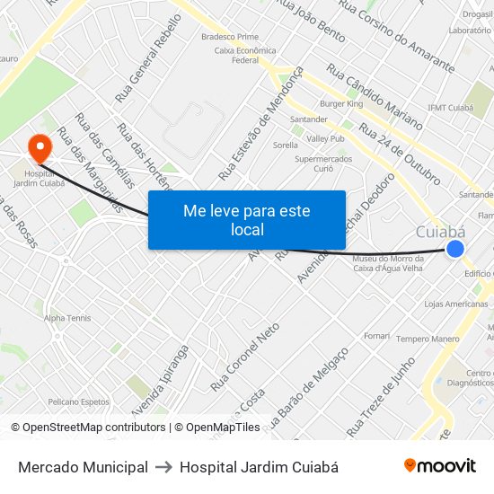 Mercado Municipal to Hospital Jardim Cuiabá map