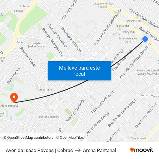 Avenida Isaac Póvoas | Cebrac to Arena Pantanal map