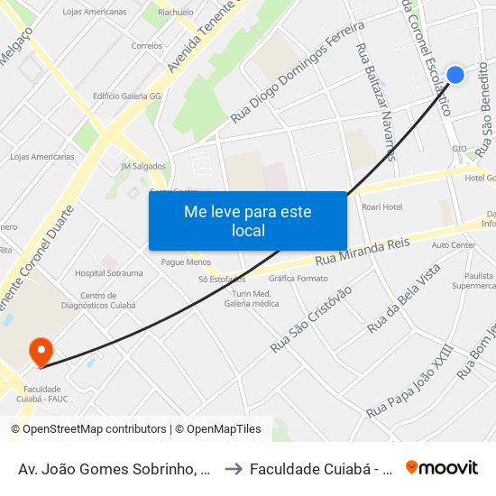 Av. João Gomes Sobrinho, 133-1 to Faculdade Cuiabá - Fauc map