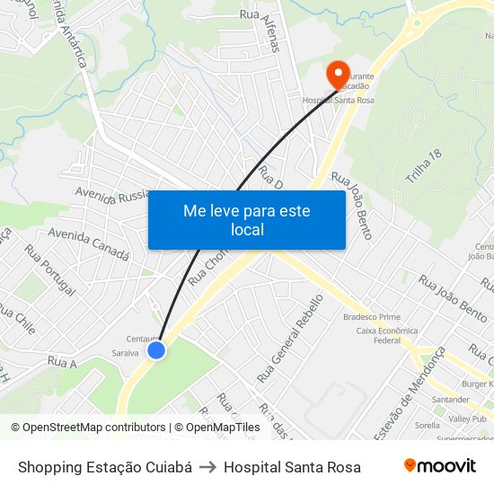 Shopping Estação Cuiabá to Hospital Santa Rosa map