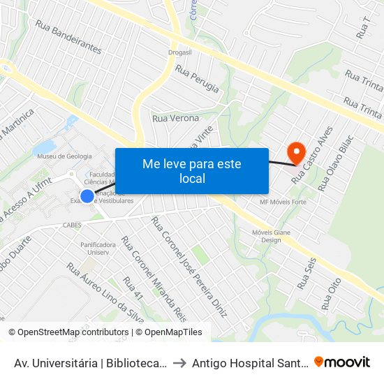 Av. Universitária | Biblioteca Central to Antigo Hospital Santa Cruz map