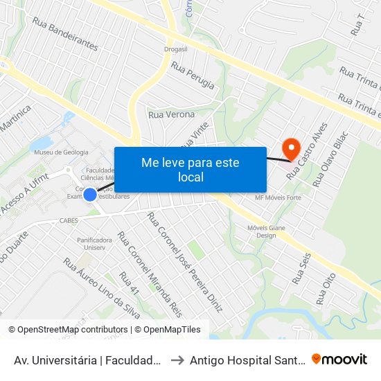 Av. Universitária | Faculdade Direito to Antigo Hospital Santa Cruz map