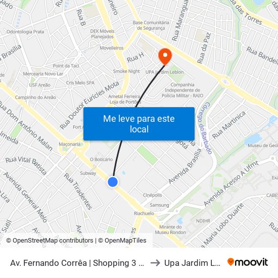 Av. Fernando Corrêa | Shopping 3 Américas to Upa Jardim Leblon map