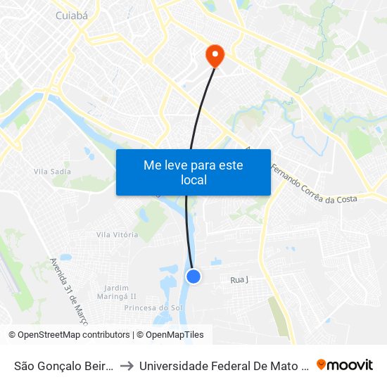 São Gonçalo Beira Rio to Universidade Federal De Mato Grosso map