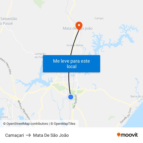 Camaçari to Mata De São João map
