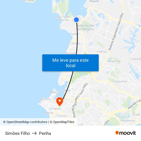 Simões Filho to Penha map