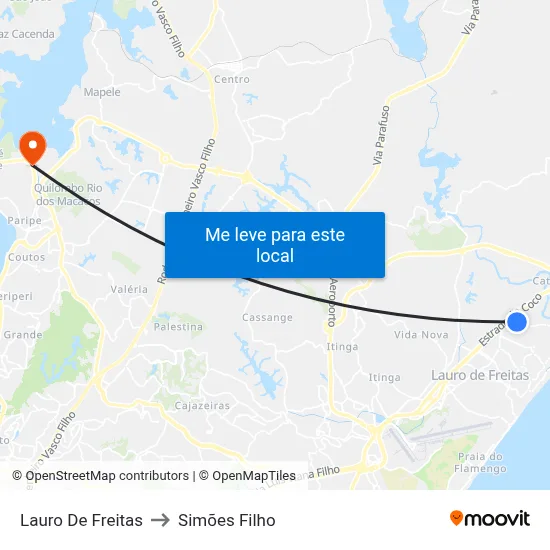 Lauro De Freitas to Simões Filho map