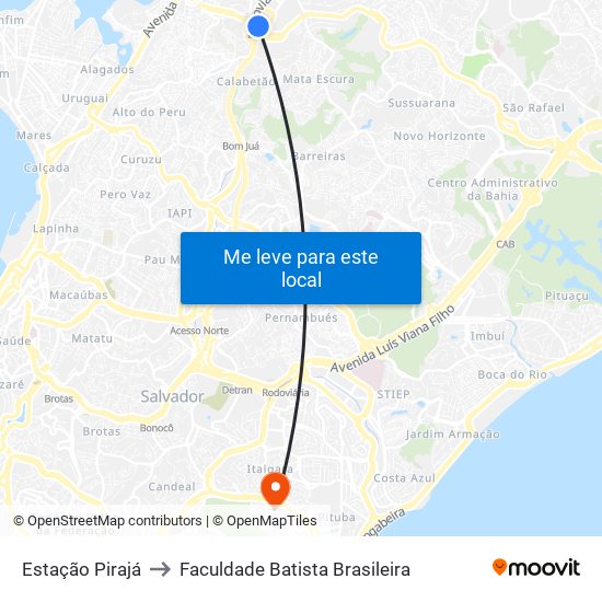 Estação Pirajá to Faculdade Batista Brasileira map