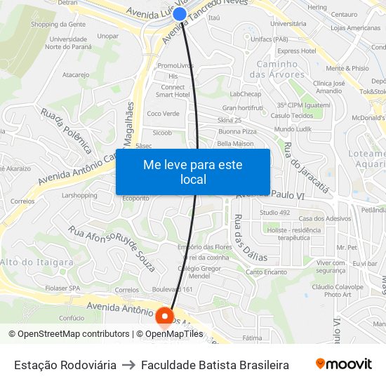 Estação Rodoviária to Faculdade Batista Brasileira map