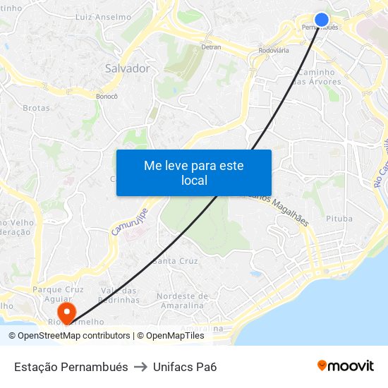 Estação Pernambués to Unifacs Pa6 map