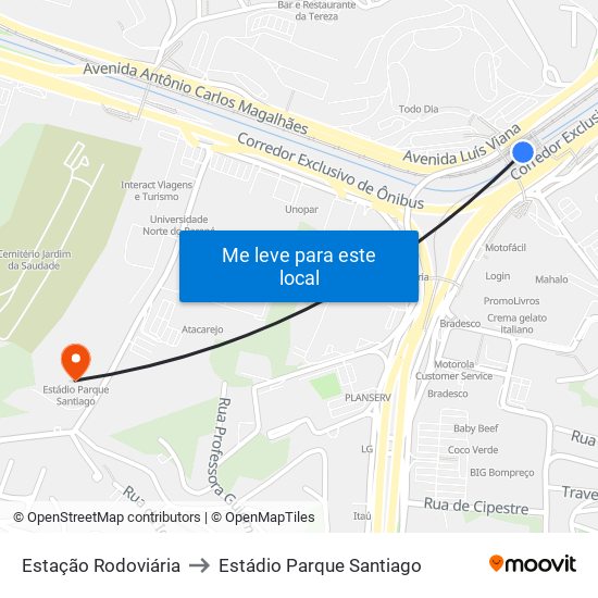 Estação Rodoviária to Estádio Parque Santiago map