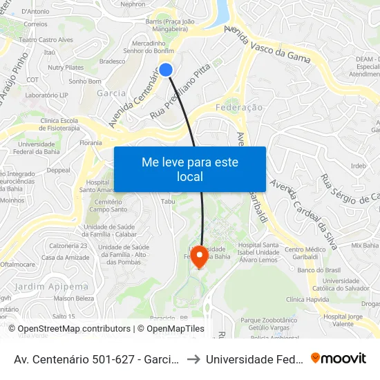 Av. Centenário 501-627 - Garcia Salvador - Ba Brazil to Universidade Federal Da Bahia map