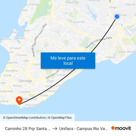 Caminho 28 Pqr Santa Rita, 2 to Unifacs - Campus Rio Vermelho map