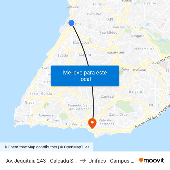Av. Jequitaia 243 - Calçada Salvador - Ba Brazil to Unifacs - Campus Rio Vermelho map