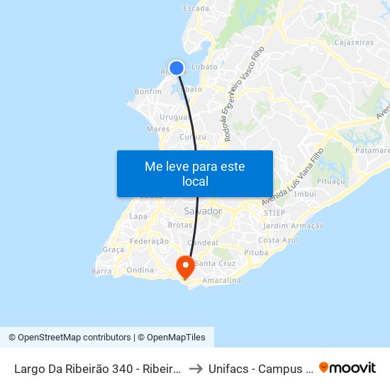 Largo Da Ribeirão 340 - Ribeira Salvador - Ba Brasil to Unifacs - Campus Rio Vermelho map