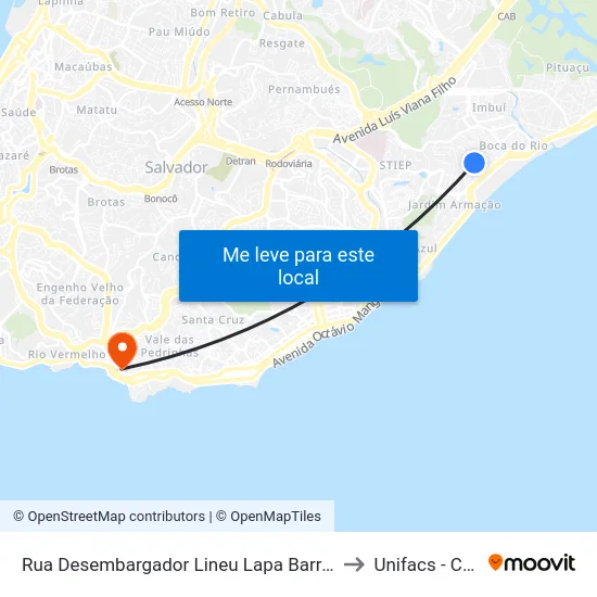 Rua Desembargador Lineu Lapa Barreto 145-265 - Bôca Do Rio Salvador - Ba 41705-100 Brasil to Unifacs - Campus Rio Vermelho map