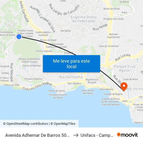 Avenida Adhemar De Barros 500 - Ondina Salvador - Ba Brazil to Unifacs - Campus Rio Vermelho map