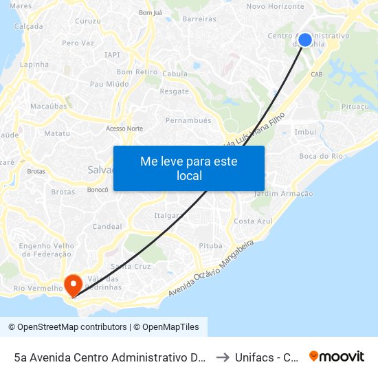 5a Avenida Centro Administrativo Da Bahia 1-193 - Pituaçu Salvador - Ba 41745-004 Brasil to Unifacs - Campus Rio Vermelho map