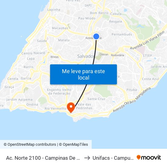 Ac. Norte 2100 - Campinas De Brotas Salvador - Ba Brasil to Unifacs - Campus Rio Vermelho map